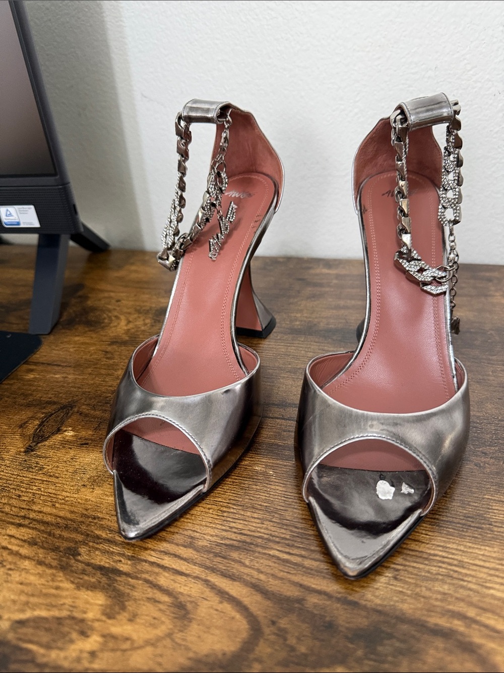 Amina Muaddi Metallic Silver Open-Toe Heels with Pink Insole